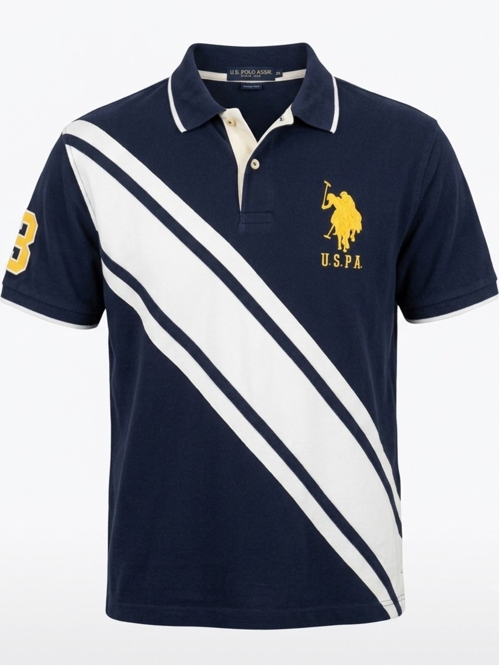 U.S. Polo Assn. Men's XL Navy Blue Polo Shirt Diagonal White Stripe Yellow Logo